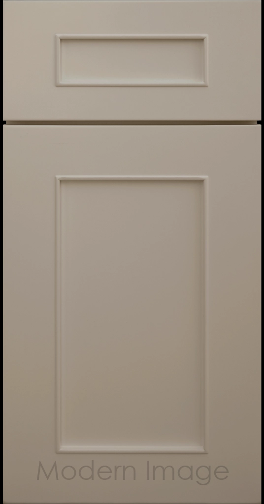 Chandler Shaker kitchen cabinet in a French Grey, showing the raised trim surrounding the center panel.